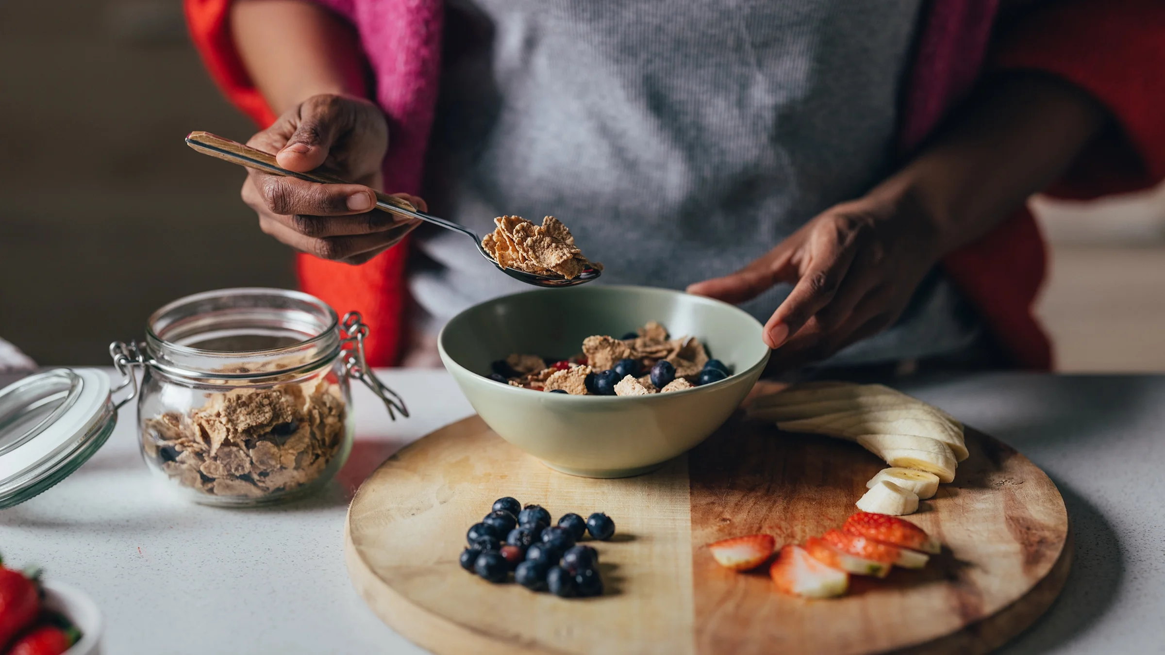 Close-up cereal in a bowl with fresh fruit
