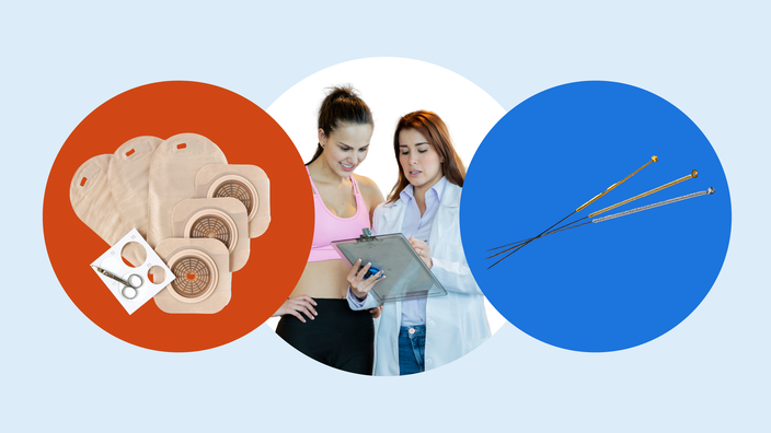 Custom graphic highlighting some items and services that Medicare covers. In the center, in a white circle, is a nutrition consultation. On the left, in a red circle, are different personal medical supplies. And on the right, in a blue circle, are acupuncture needles.