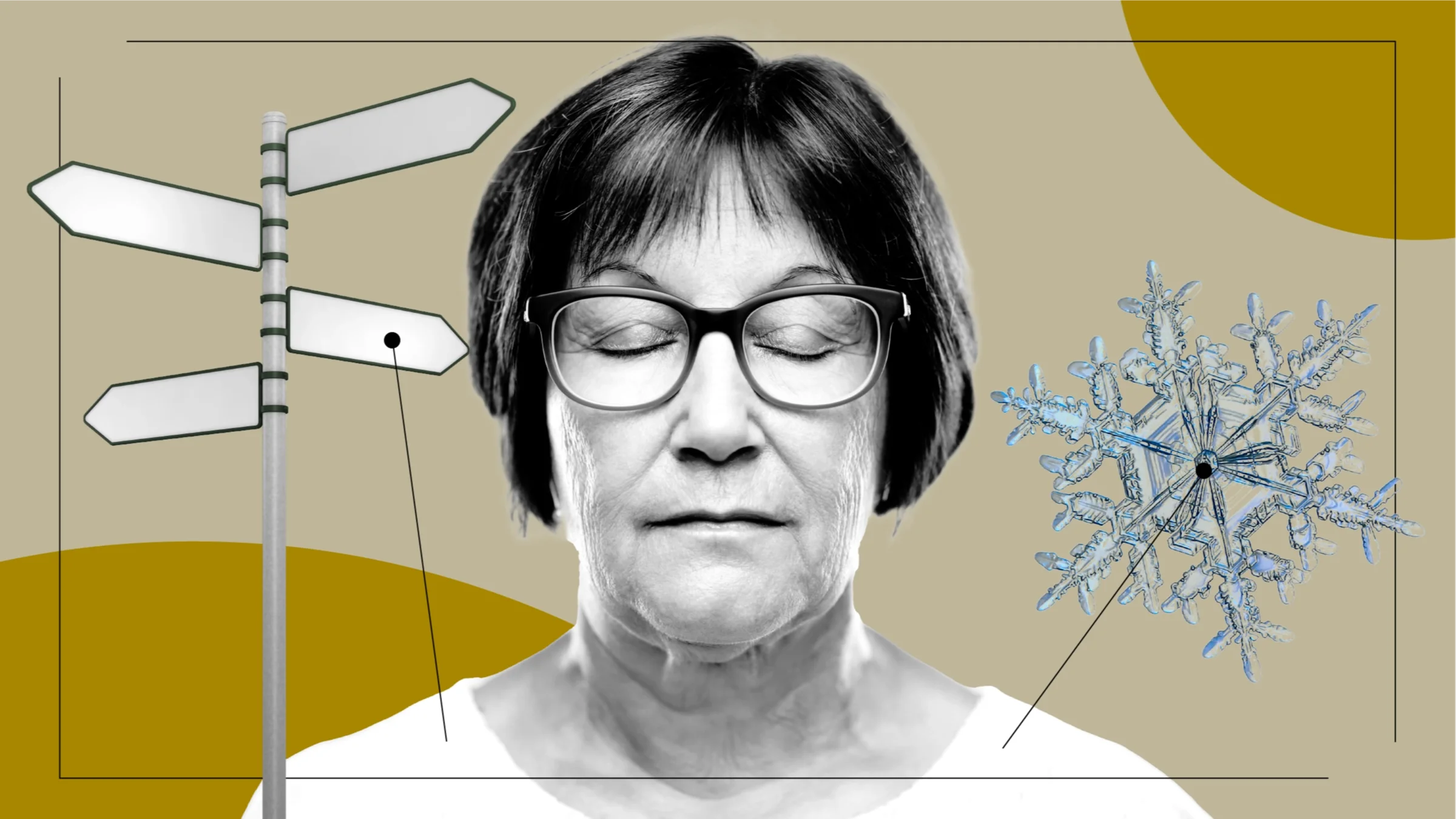 Custom graphic showing what it feels like to have myasthenia gravis. In the center is a black-and-white photo of a woman with her eyes closed. Off of her are diagram lines pointing to items representing the feelings. On the left is a post sign with different directions. On the right is a snowflake.