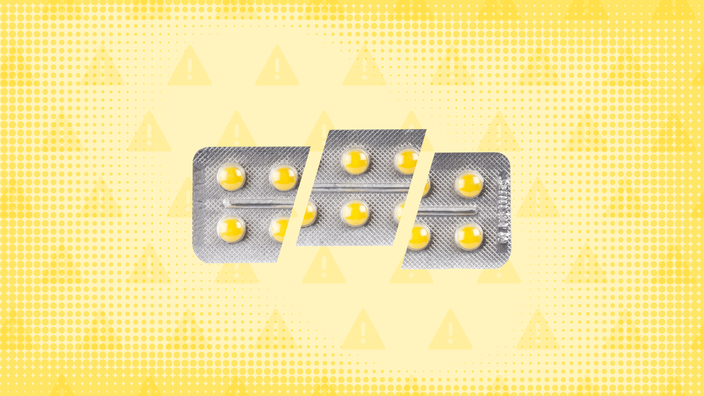 In the center of a light yellow background with texture and warning sign pattern is a blister pack of round yellow pills sliced into thirds. 