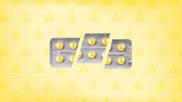In the center of a light yellow background with texture and warning sign pattern is a blister pack of round yellow pills sliced into thirds. 
GoodRx Health
