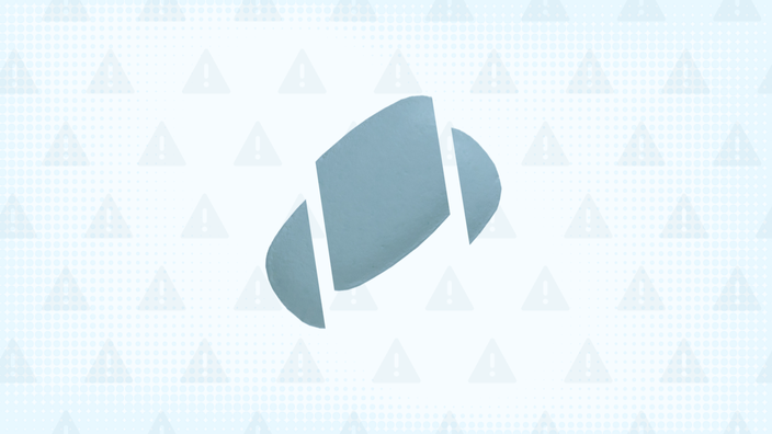 A graphic includes a light-blue background with a warning sign pattern and a rectangular blue pill in thirds. 