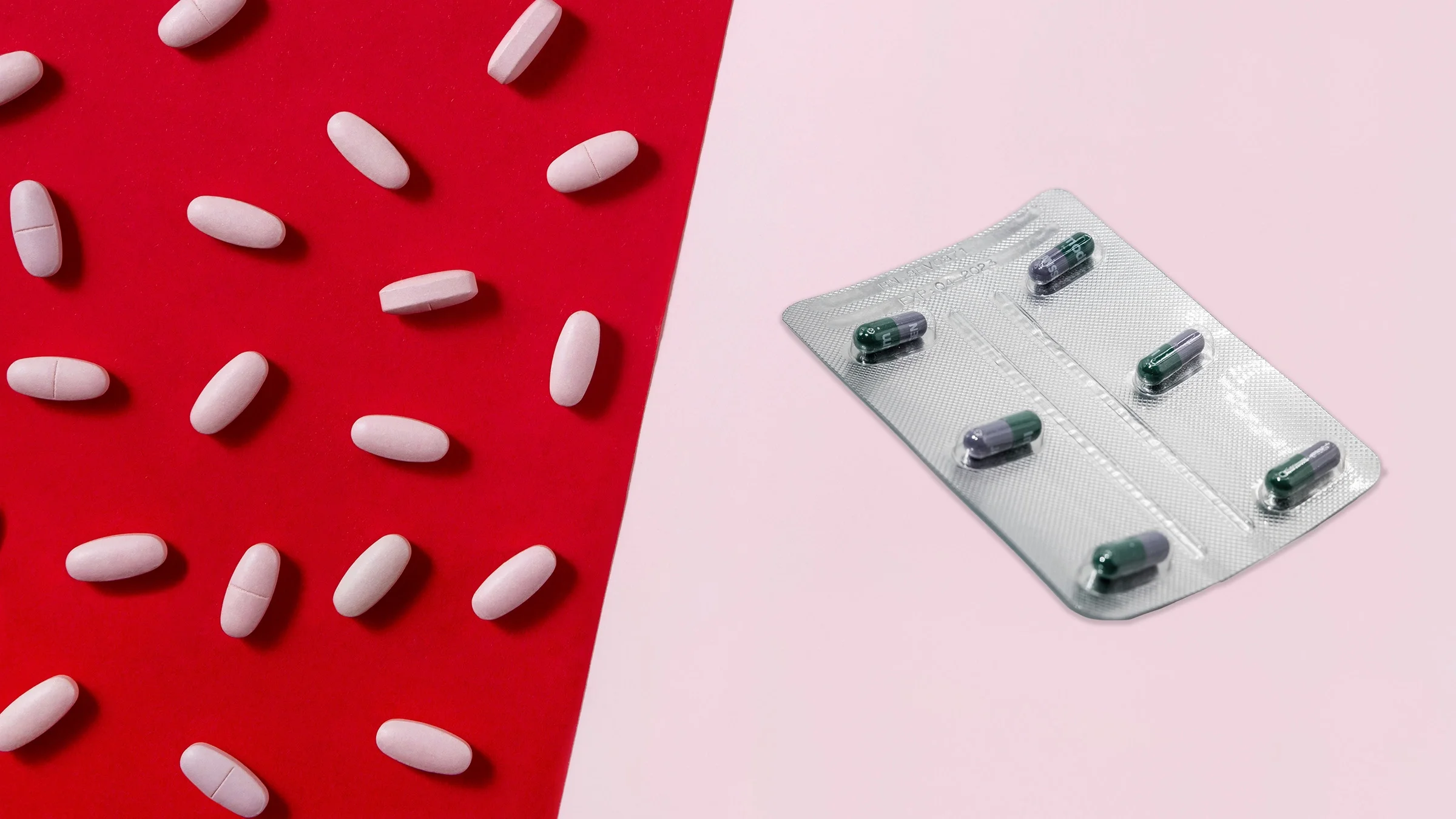 A split composition showing Pepto-style pink tablets on one side and a blister pack of green/black capsules (Imodium-style) on the other, visually comparing two medications.