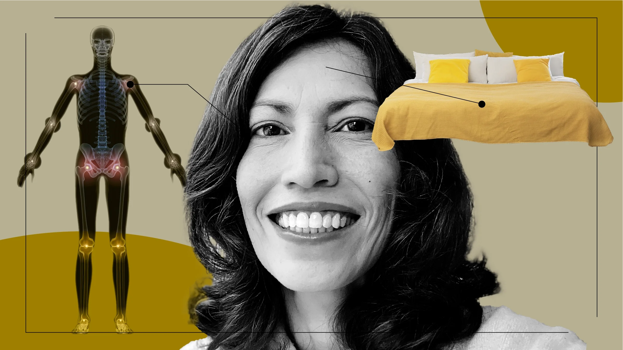 A graphic about fibromyalgia pain includes a photo of a woman and images of a bed and a body scan highlighting joints.