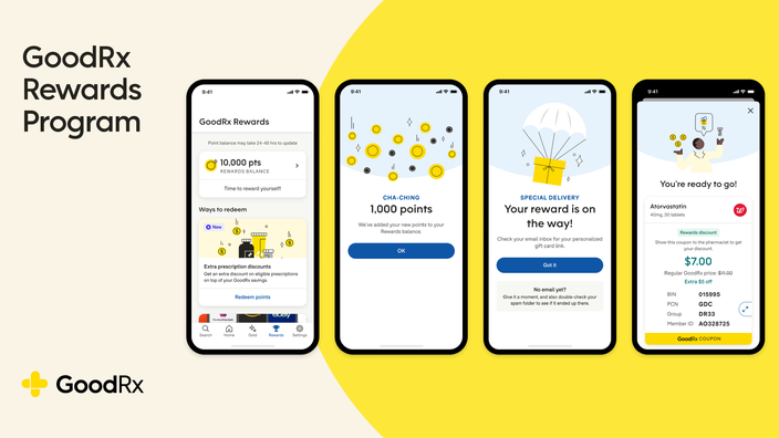 Custom graphic reading “GoodRx Rewards Program” with phone screenshots of the user interface of the GoodRx app’s new feature. 