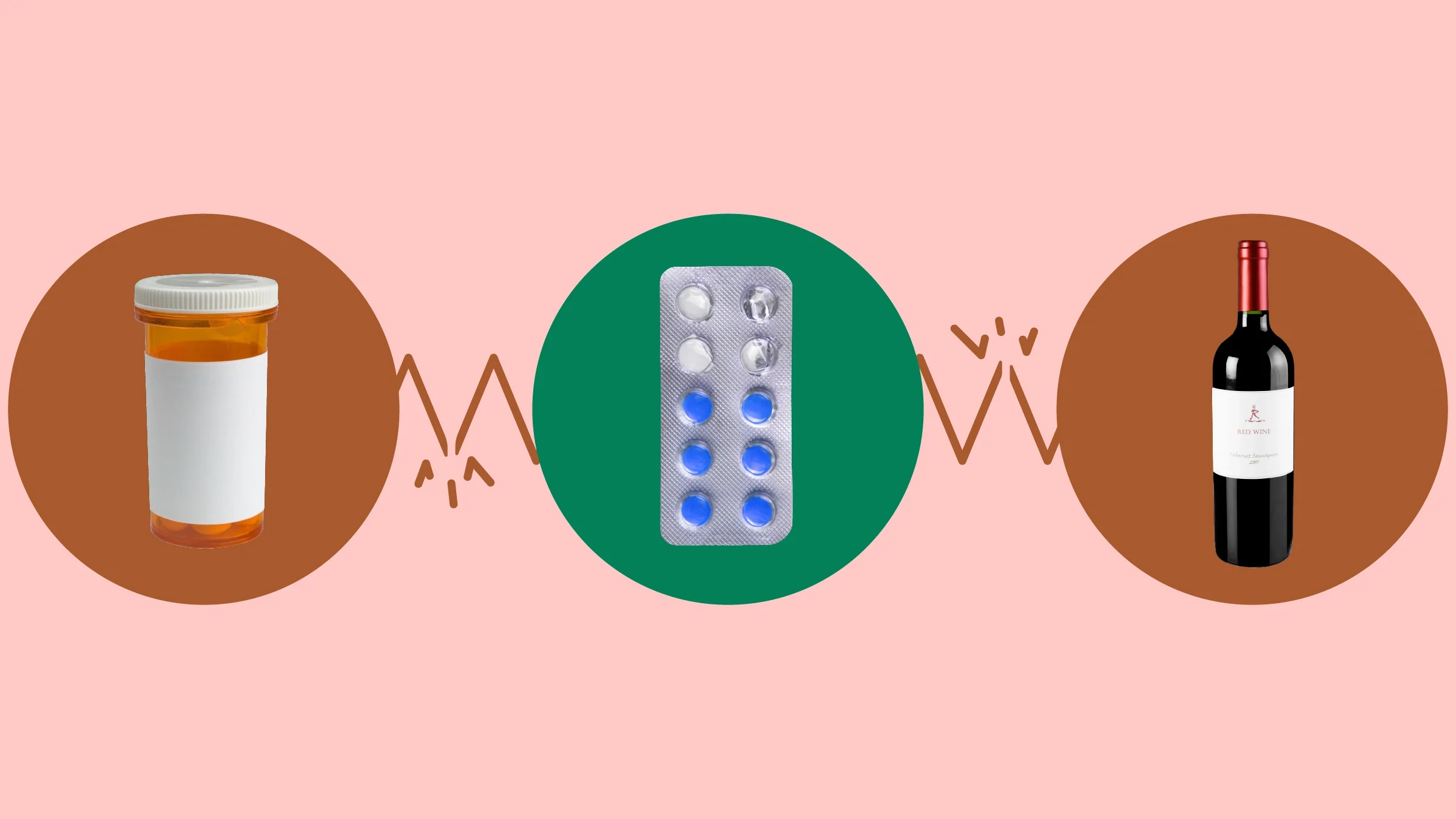 The image shows a light red background with three circles across the frame. In the center, on a green circle, is a blister pack with round blue pills. On the left, on a red circle, is an orange prescription bottle. On the right, on a red circle, is a red wine bottle. 