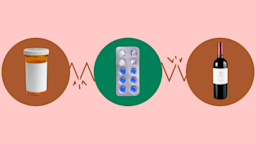 The image shows a light red background with three circles across the frame. In the center, on a green circle, is a blister pack with round blue pills. On the left, on a red circle, is an orange prescription bottle. On the right, on a red circle, is a red wine bottle. 
GoodRx Health