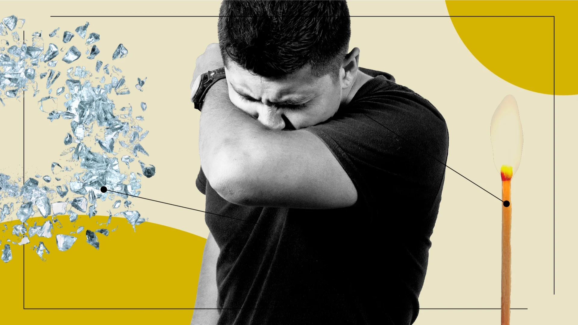 Representation of what it feels like to have bronchitis. There is a figure in the middle coughing with diagram lines pointing to broken glass and a flame.