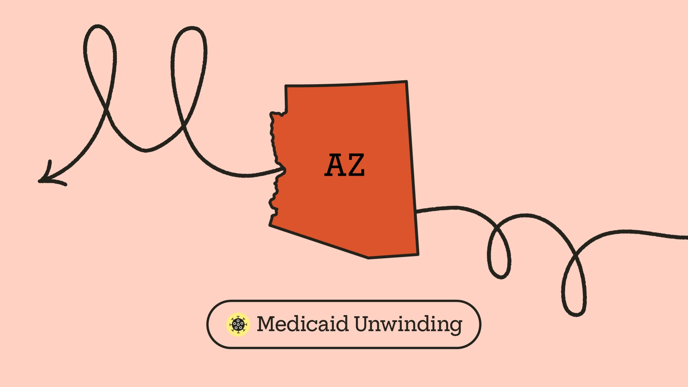 A drawing of the state of Arizona has a winding doodle arrow drawn across it. At the bottom text reads “Medicaid Unwinding.”