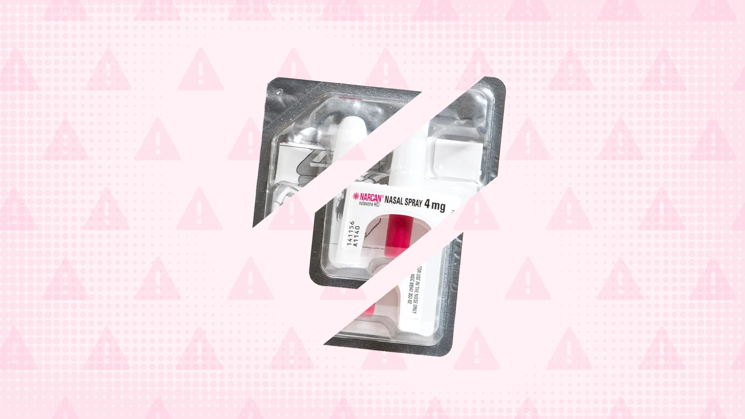 A graphic about Narcan side effects has a pink background with warning signs and a nasal spray bottle cut into thirds.
GoodRx Health