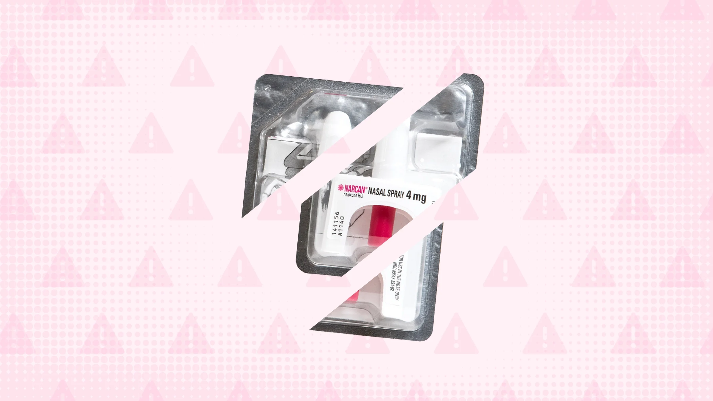 A graphic about Narcan side effects has a pink background with warning signs and a nasal spray bottle cut into thirds.