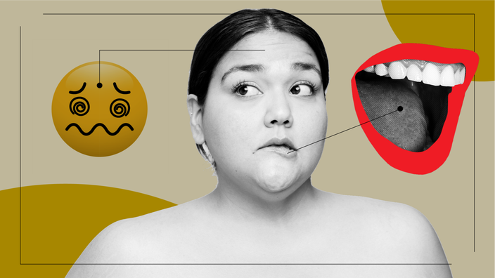 A custom graphic includes a portrait of a woman and images that represent what taking phentermine feels like: a dizzy emoji and a wide-open mouth.