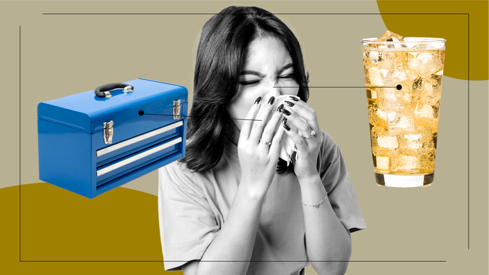Tan background with black-and-white portrait of a woman sneezing. Off of her are diagram lines pointing to objects representing the feeling of Flonase. On the left side is a blue tool box. On the right side is a fizzy drink. 