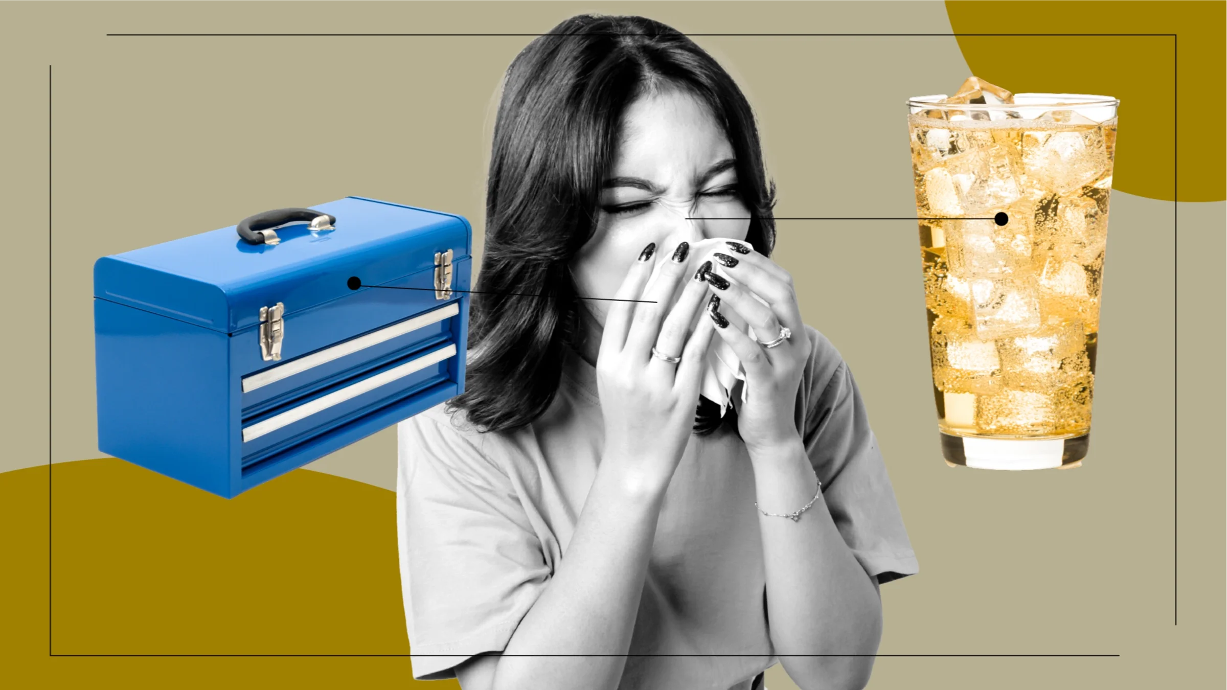 Tan background with black-and-white portrait of a woman sneezing. Off of her are diagram lines pointing to objects representing the feeling of Flonase. On the left side is a blue tool box. On the right side is a fizzy drink. 