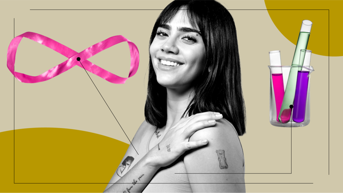 Tan background with yellow circles in the top right and bottom left corners. In the center is a black and white portrait of a woman with tattoos. Off of here are diagram lines pointing to items representing what metastatic breast cancer feels like. One item is an infinity loop of a pink ribbon and the other is test tubes filled with colorful liquid. 