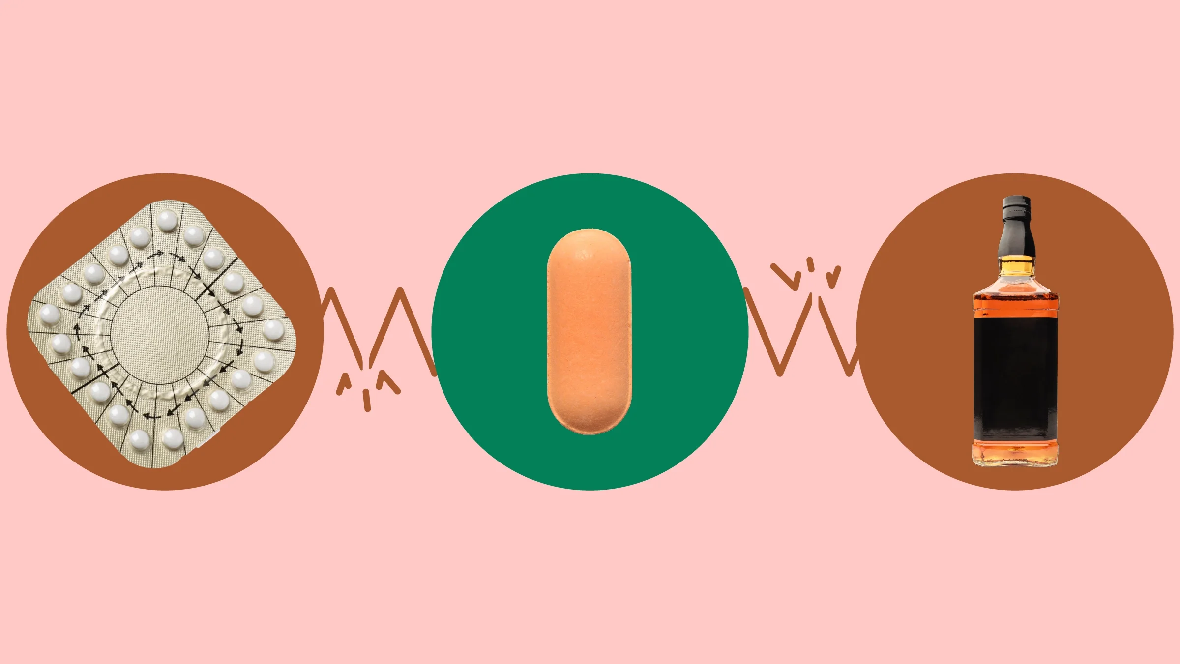 A graphic features red and green circles framing a peach-colored pill, birth control pack, and bottle of whiskey.