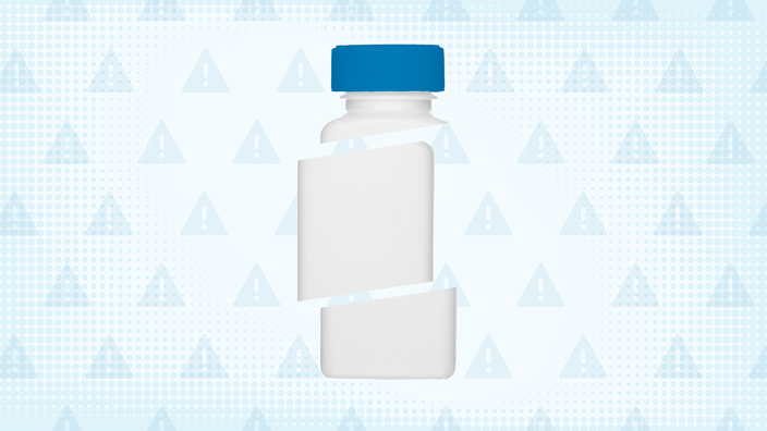 A custom graphic includes a blue background with a warning sign pattern and a square pill bottle cut into thirds. 