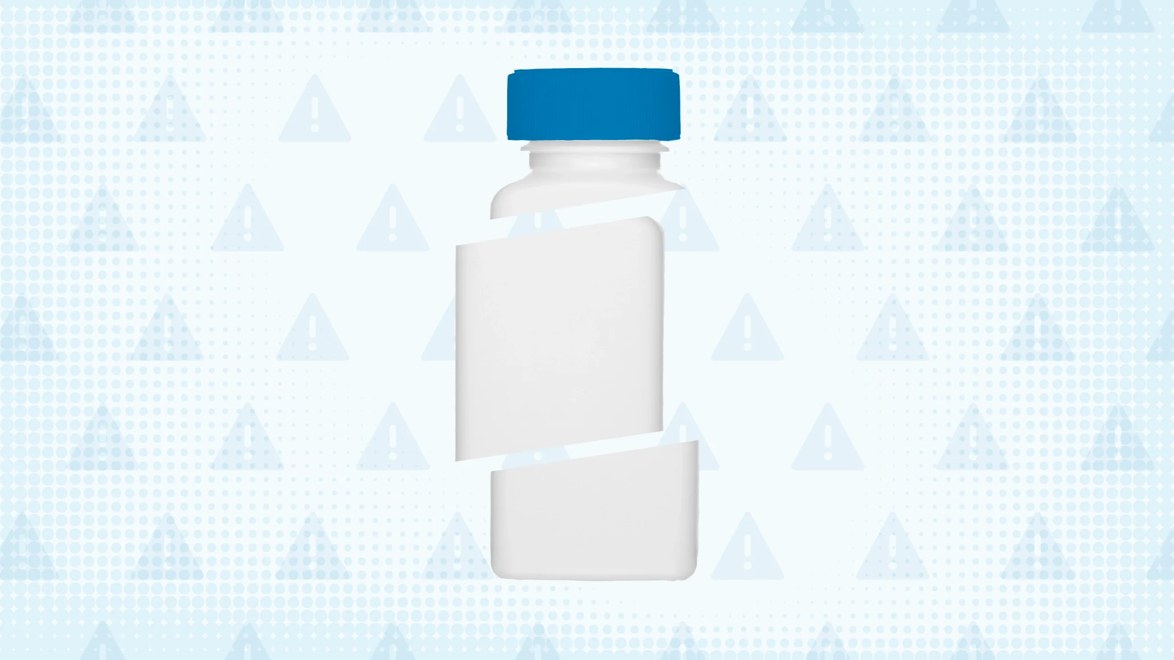 A custom graphic includes a blue background with a warning sign pattern and a square pill bottle cut into thirds. 