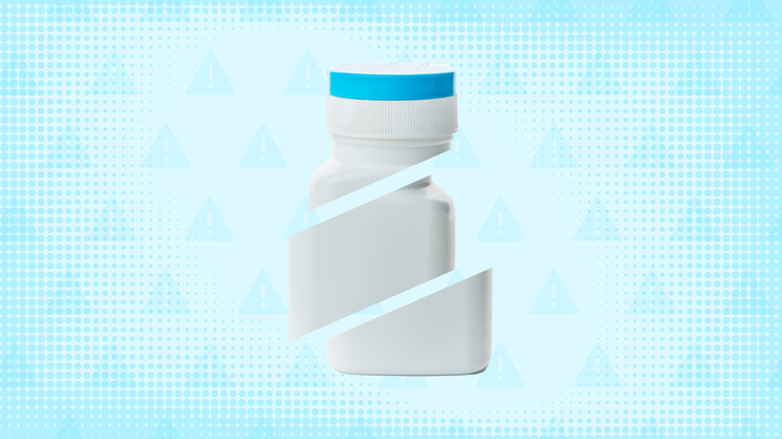 A bright blue background with a texture and warning sign pattern. In the center is a white pill bottle with a blue cap cut into thirds.