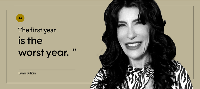 “The first year is the worst year.” — Lynn Julian. Lynn Julian is pictured in a headshot wearing a zebra print dress. The zebra is a mascot for rare diseases.