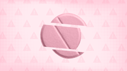 Light pink background with texture and warning sign pattern. In the center is a round pink pill cut into thirds. 
GoodRx Health
