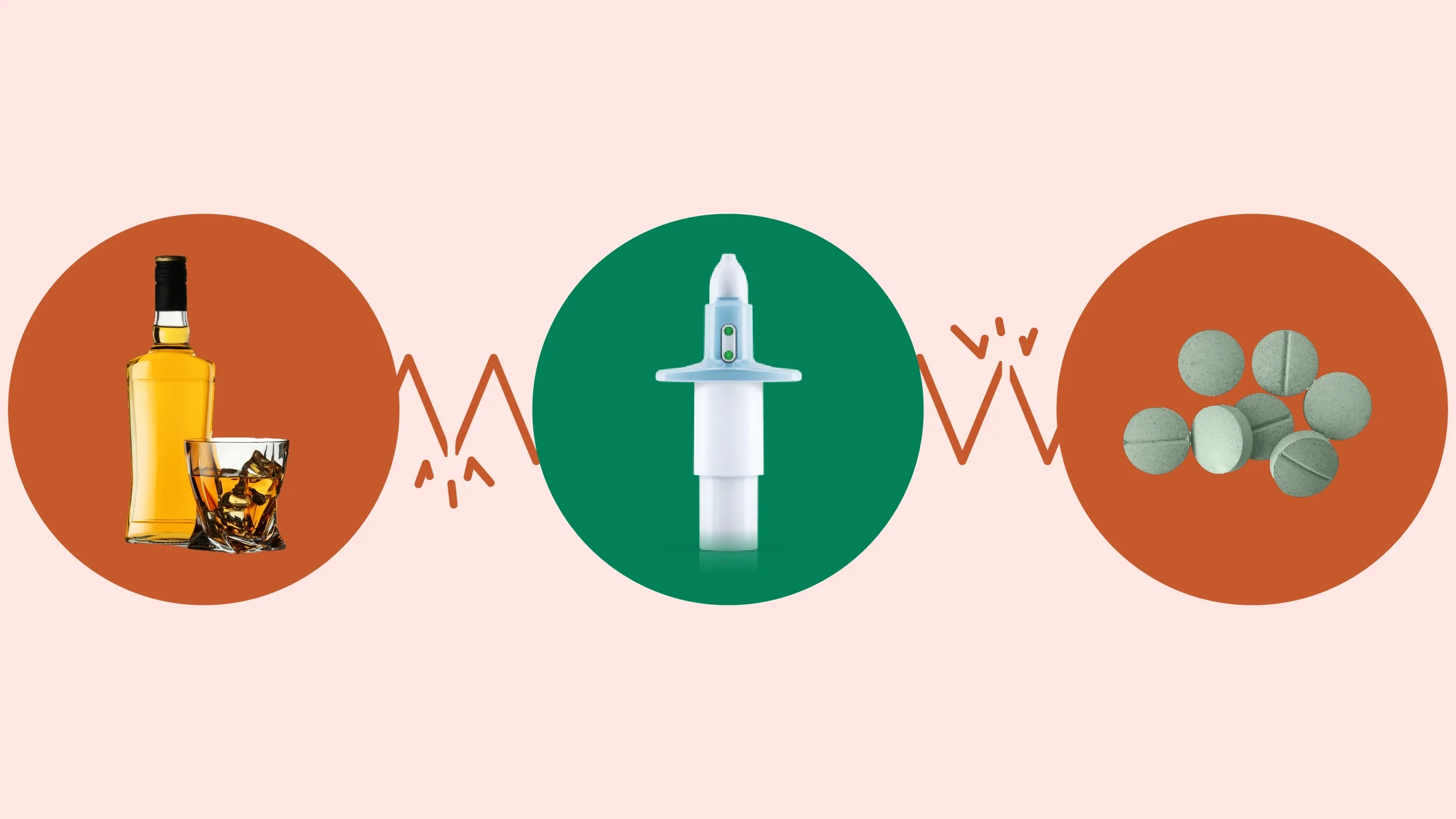 The image shows a light red background with three circles across the frame. In the center, on a green circle, is a nasal spray bottle. On the left, on a red circle, is a bottle of whiskey and a glass. On the right, on a red circle, is a pile of light green pills. 