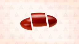 A custom graphic features a light-red background with a warning sign pattern and a red, oval pill cut into thirds.
GoodRx Health