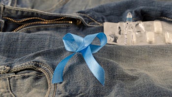 Prostate cancer: Hormones: blue ribbon meds on jeans 1201707000