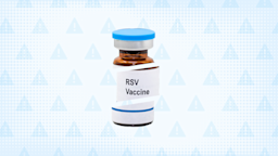 A light blue background with texture and warning sign pattern. In the center is an RSV vaccine vial cut into thirds. 
GoodRx Health