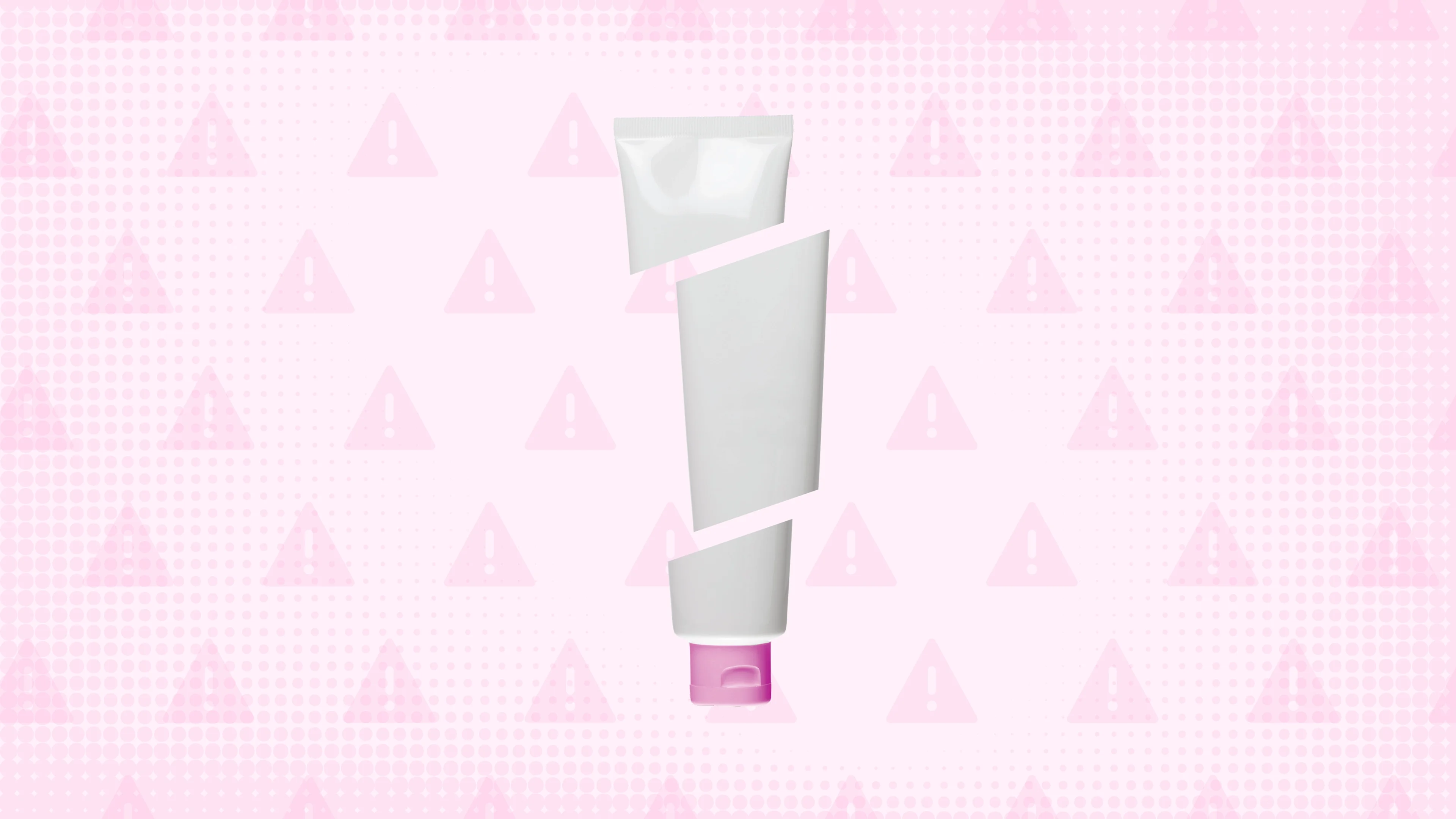 In the center of a light pink background with a warning sign pattern and texture is a cream tube with a pink cap cut into thirds. 