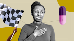 A young woman puts her hand on her chest like she’s in pain. Beside her are items that represent what it’s like to take Prilosec: a racing flag and a pill. 
GoodRx Health
