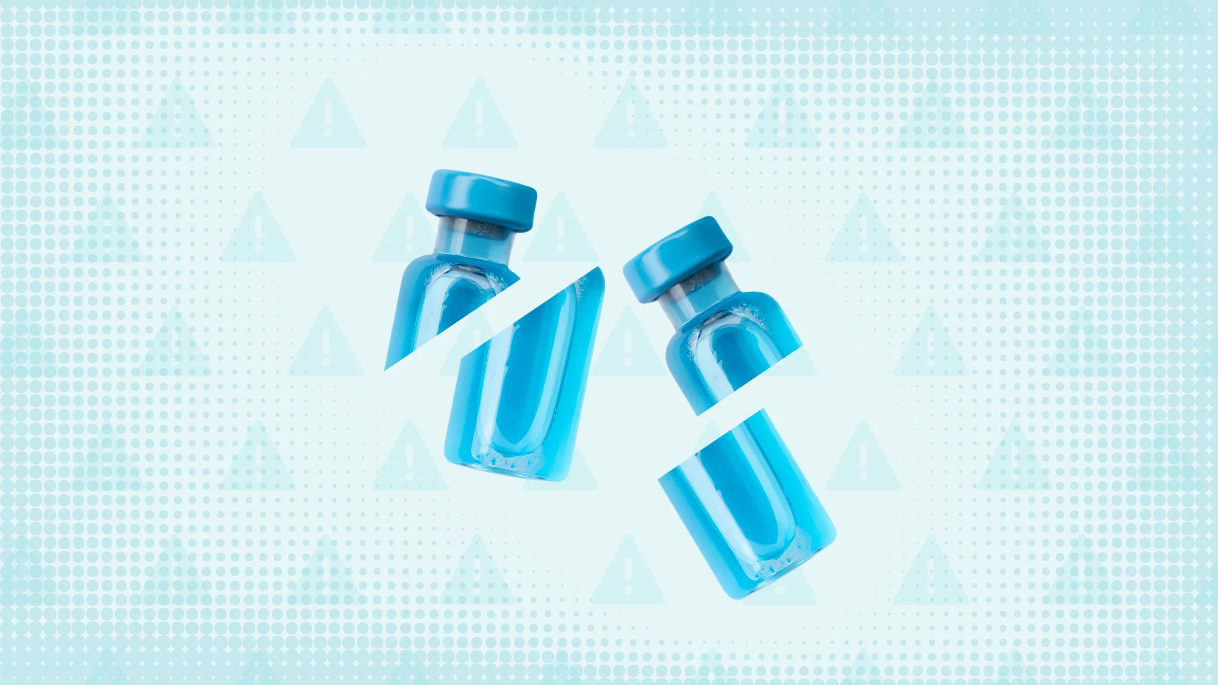 Light blue background with texture and warning sign pattern. In the center are two blue medication vials cut into thirds. 
GoodRx Health