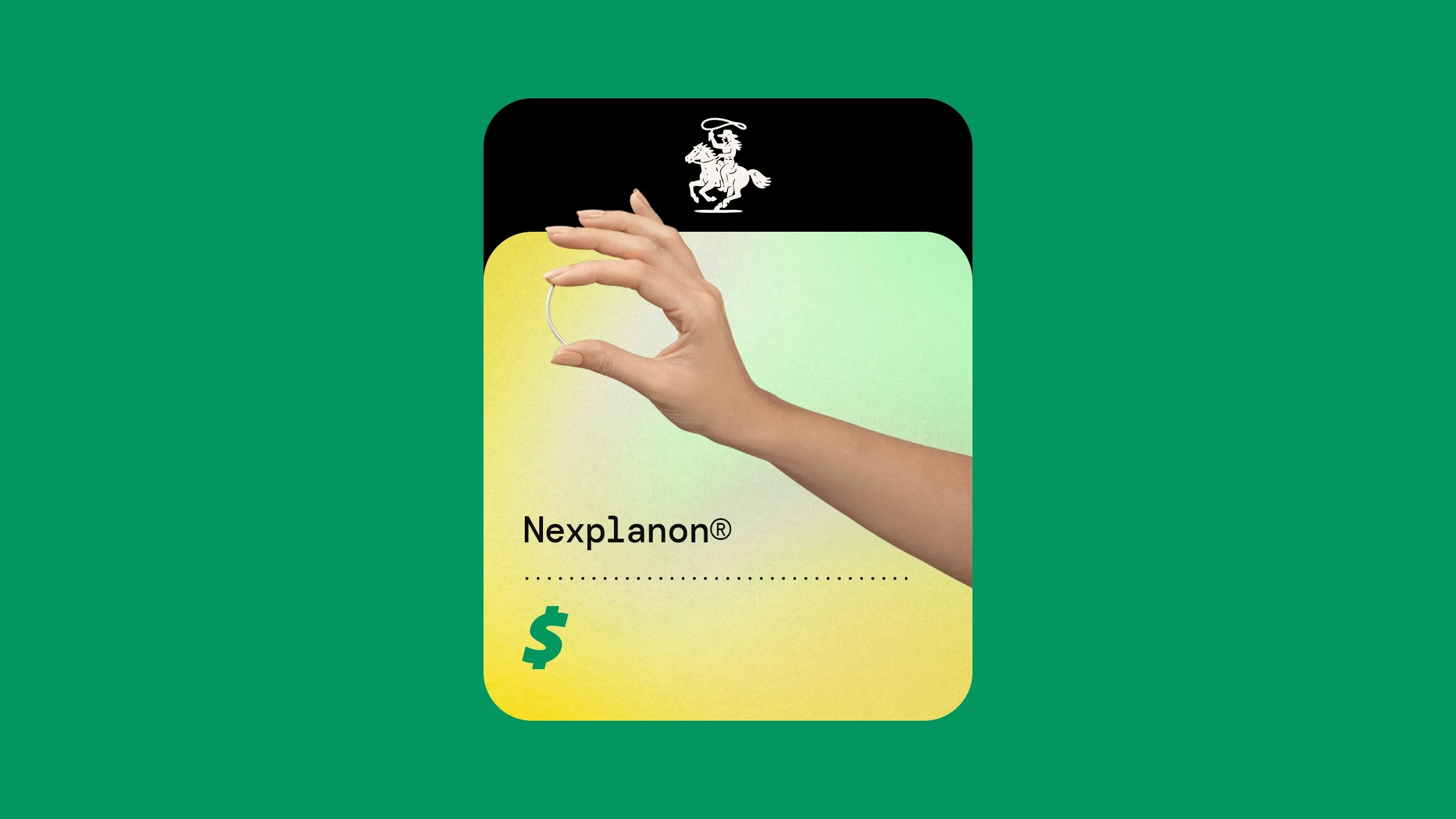 A graphic includes an image of Nexplanon against a green and yellow background with a dollar sign below it.