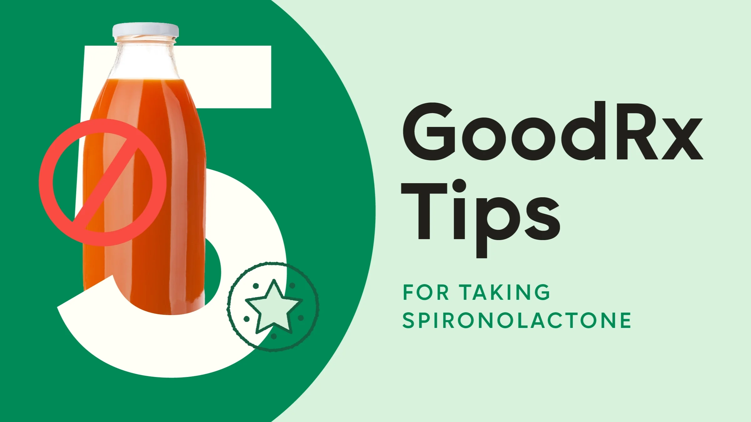 A graphic reads “5 GoodRx Tips for Taking Spironolactone,” with a juice bottle and an avoid symbol over the number five.