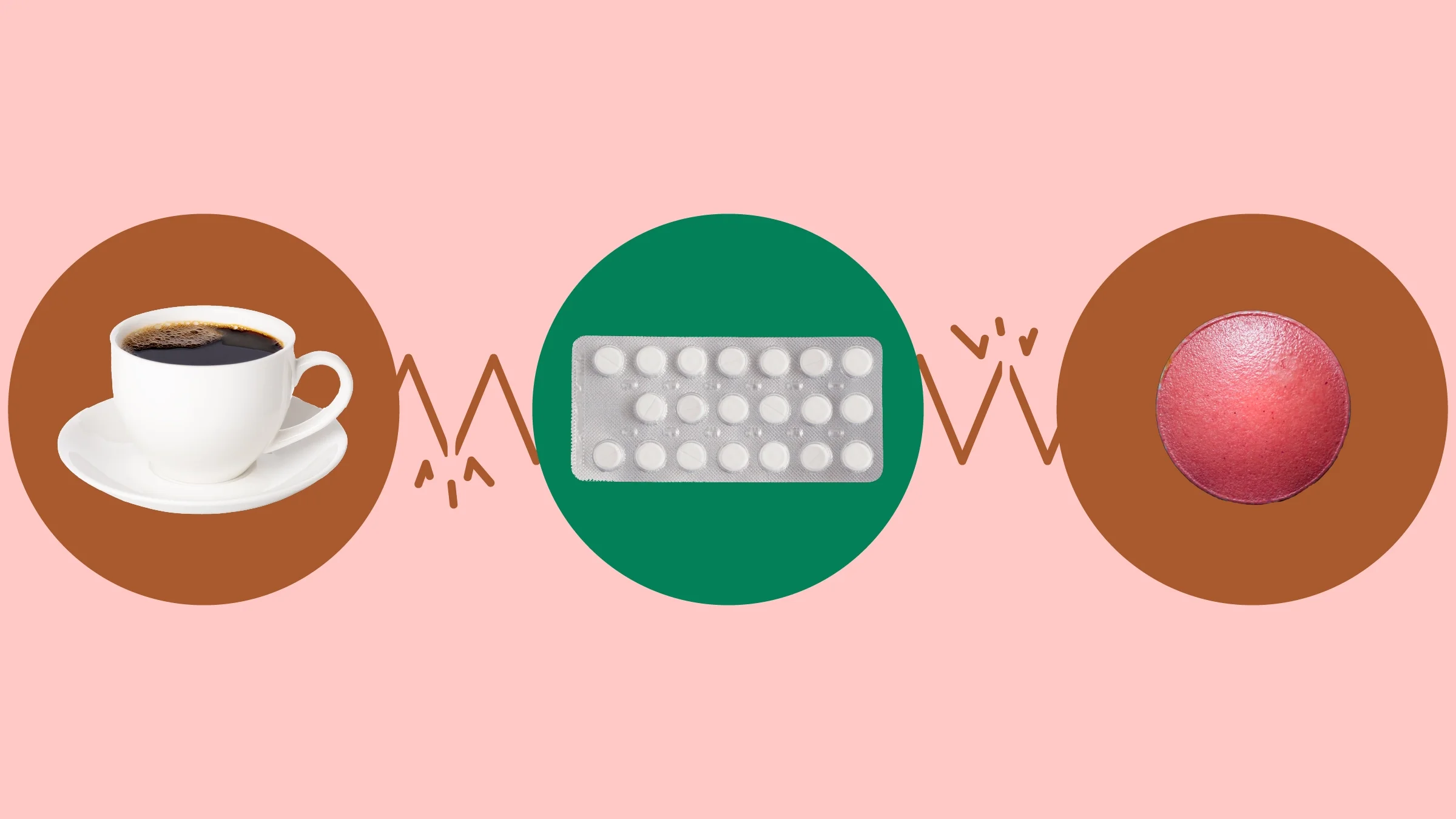 Light-red background with three circles across the frame. In the center, on a green circle, is a blister pack of white pills. On the left, on a red circle, is a coffee cup. On the right, on a red circle, is one round red pill.