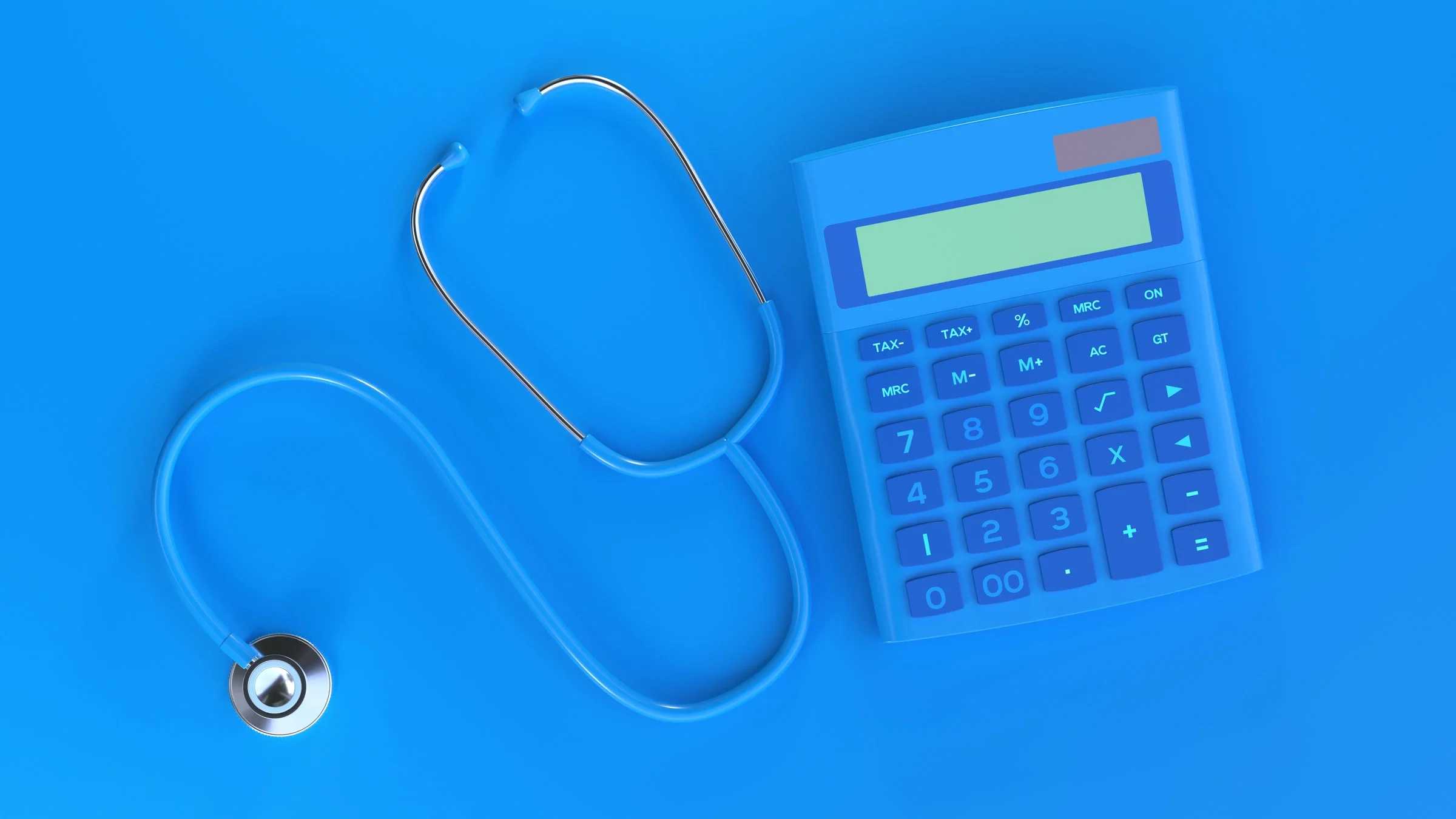 A blue stethoscope and calculator on a blue background.