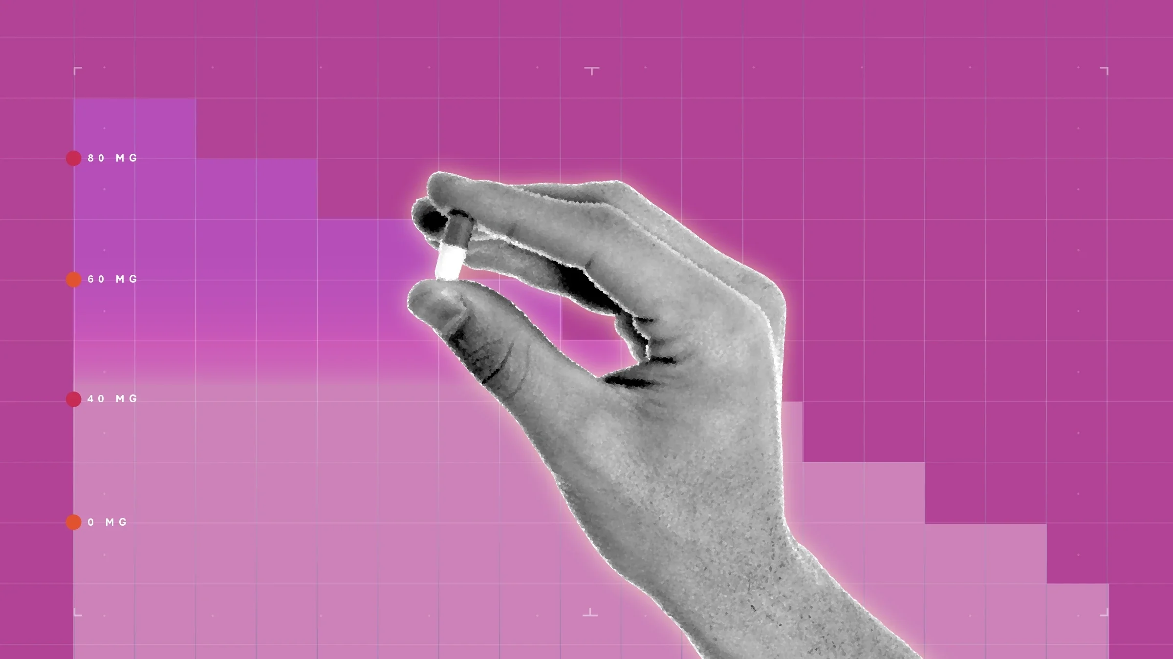 Purple-pink background with graph paper texture and representational step graph. In the center is a black-and-white cutout of a hand holding a capsule pill.