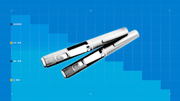 Light blue background with graph paper texture and representative step graph. In the center is a black and white cutout image of two Ozempic pens. 
GoodRx Health