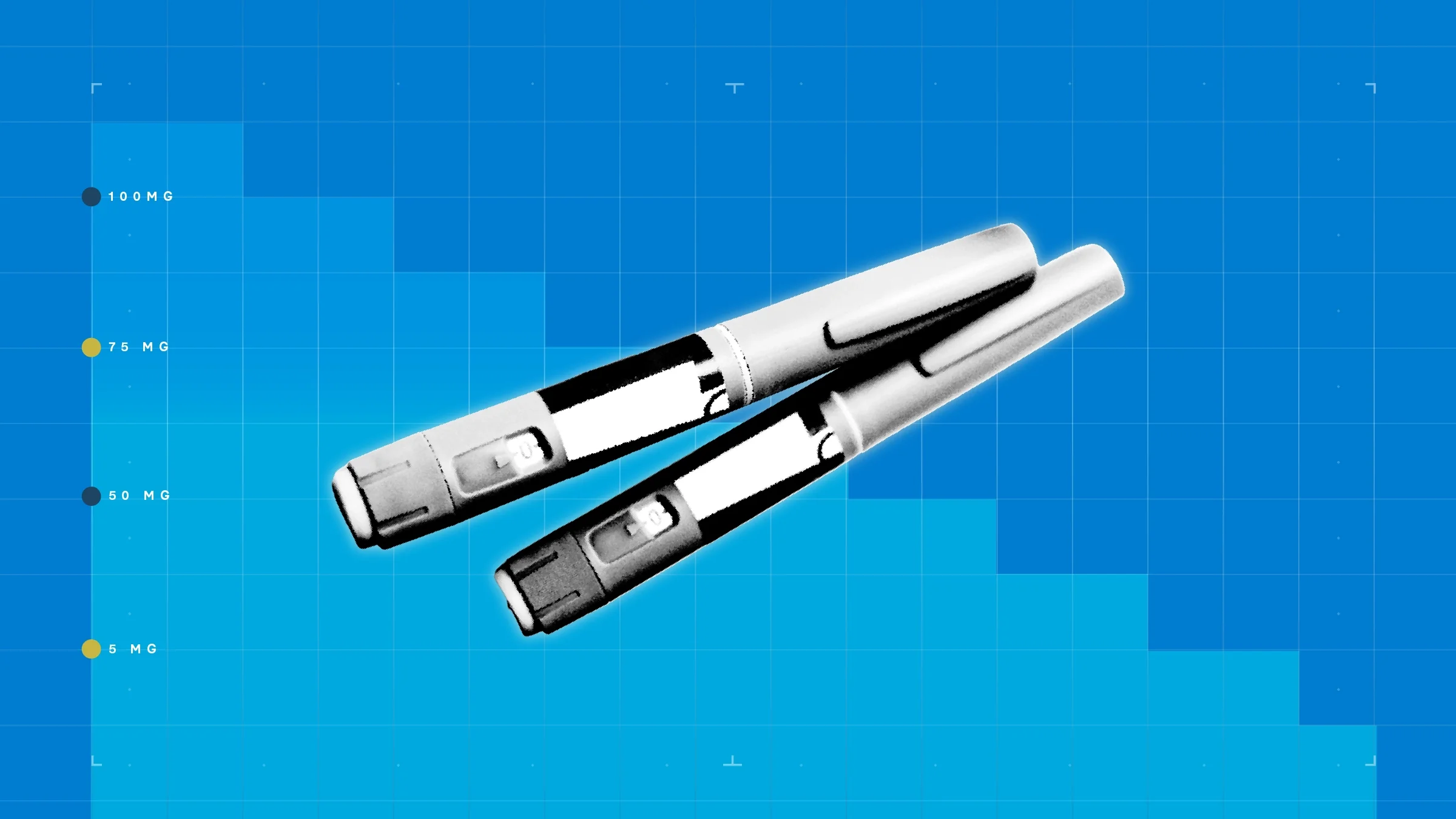 Light blue background with graph paper texture and representative step graph. In the center is a black and white cutout image of two Ozempic pens. 
