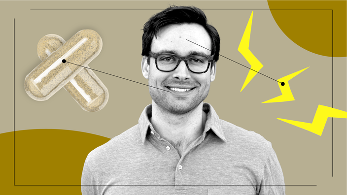 A graphic shows a man surrounded by images of milk thistle supplements and lightning bolts. 