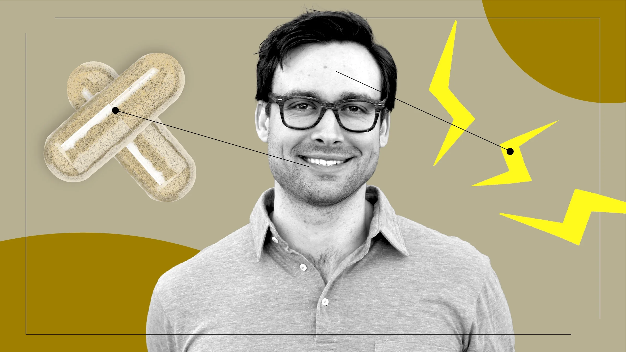 A graphic shows a man surrounded by images of milk thistle supplements and lightning bolts. 