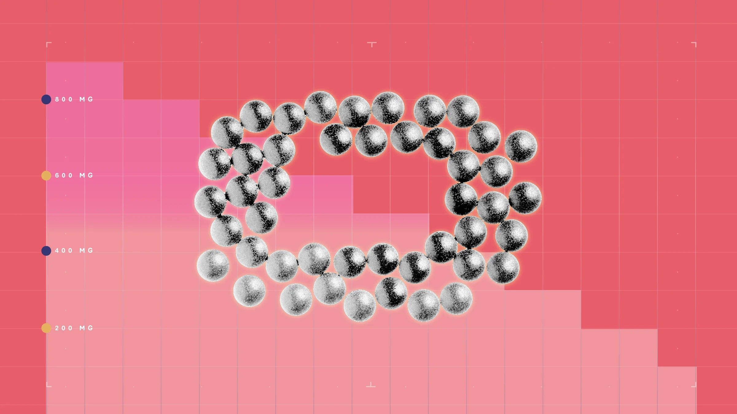 Red background with graph paper texture. There is a representation of a step graph. In the center is a black and white cutout image of a pile in the shape of a ring of ibuprofen pills.