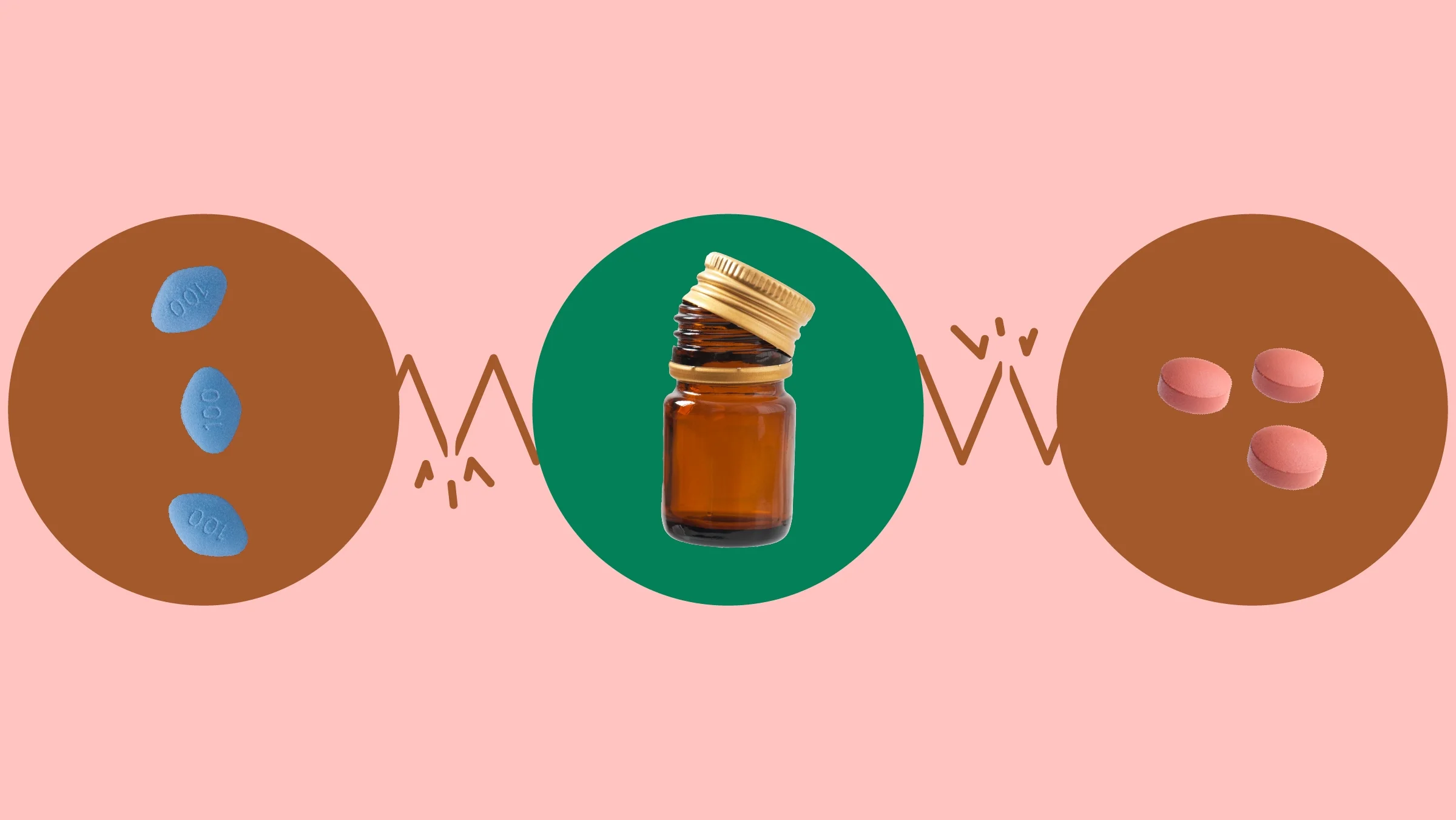 In the center of a light red background are three circles across the frame. On a green circle in the middle is a brown and gold medication vial. On the left, on a red circle, are three blue Viagra pills. On the right, on a red circle, are three orange-red pills.