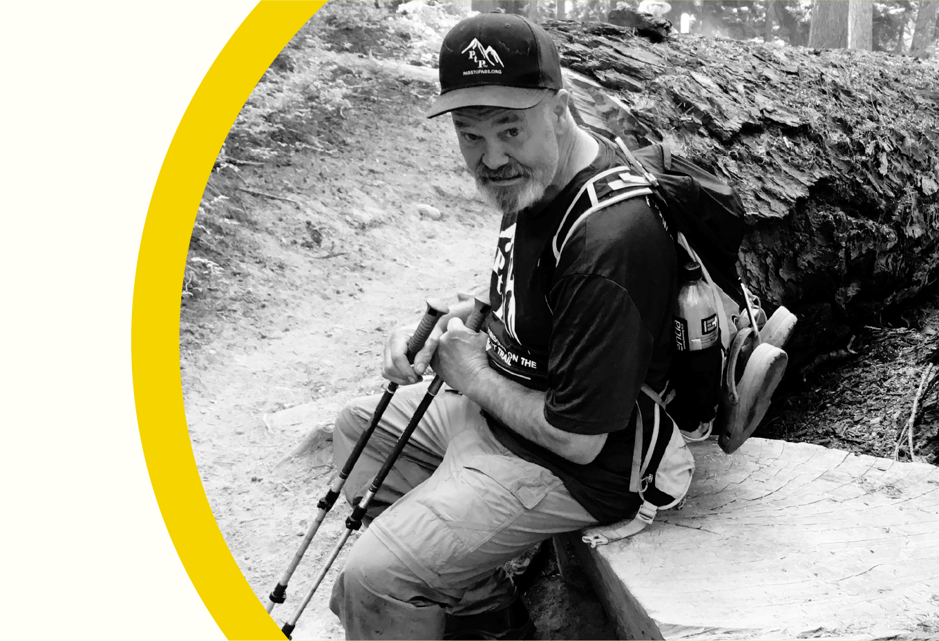 B&W photo of Bill Meyer with hiking equipment.