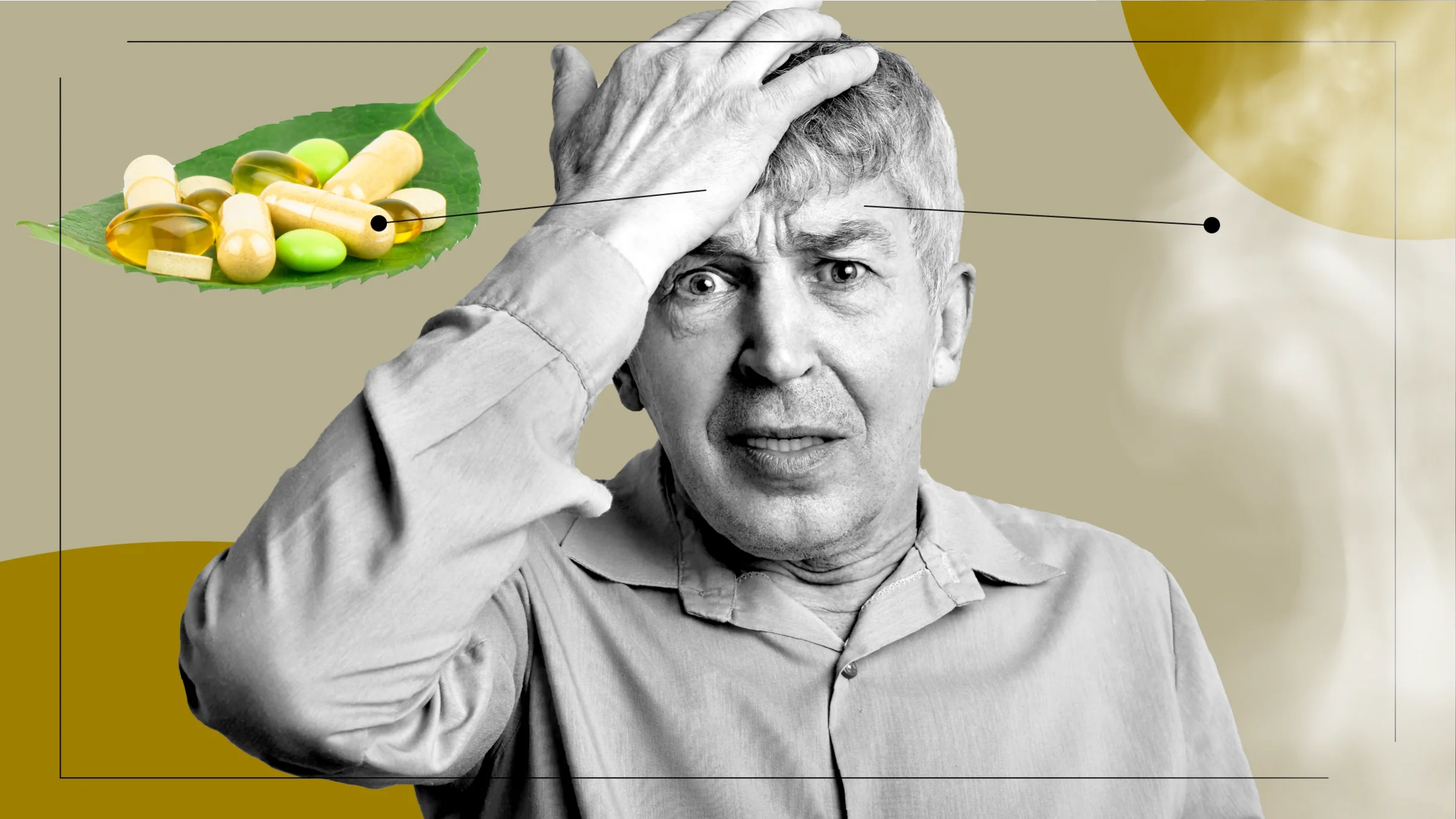 Tan background with a black-and-white cutout image of a man with his hand on his head with a confused look. Off of him are diagram lines pointing to objects representing taking ginkgo biloba. On the left is a leaf with supplements on top. On the right is a cloud of fog. 