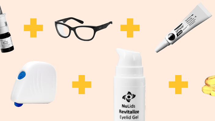 Collage of items found in a medicine cabinet of someone living with dry eye.