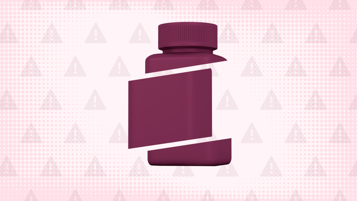 An illustration features a light-red background with a texture pattern and a warning sign pattern. In the center is a maroon pill bottle cut into thirds. 