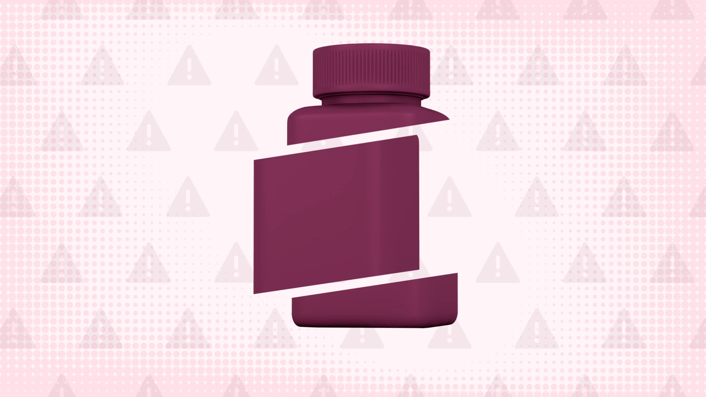 An illustration features a light-red background with a texture pattern and a warning sign pattern. In the center is a maroon pill bottle cut into thirds.