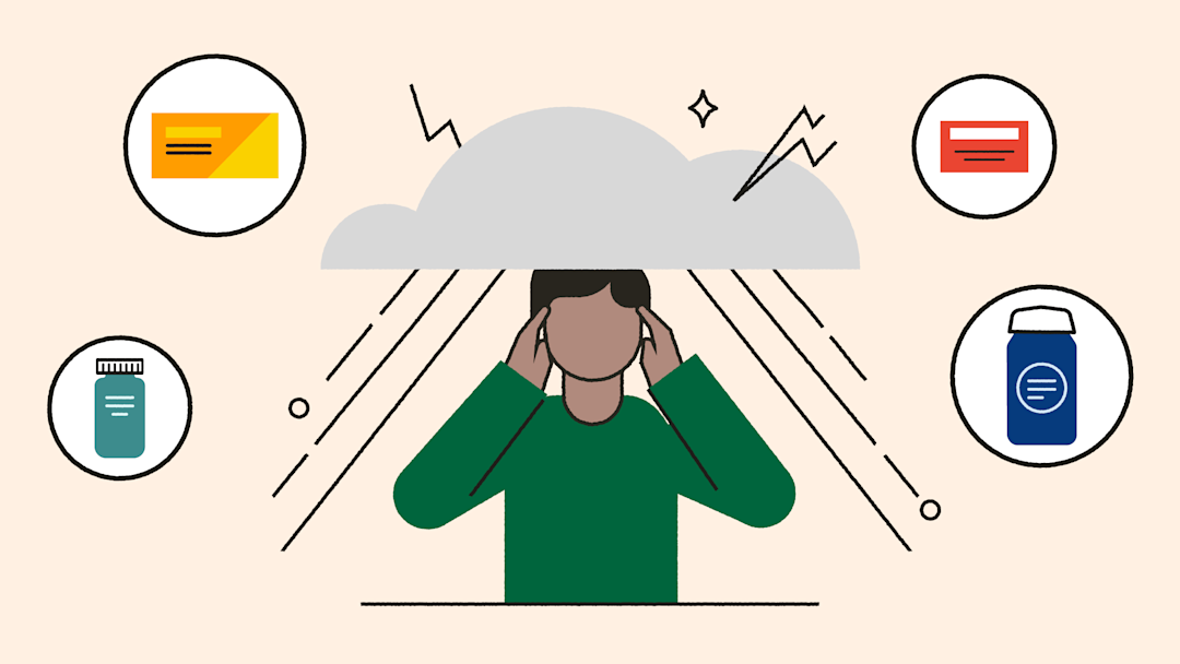A person with a cloud over their head surrounded by different containers of medications
