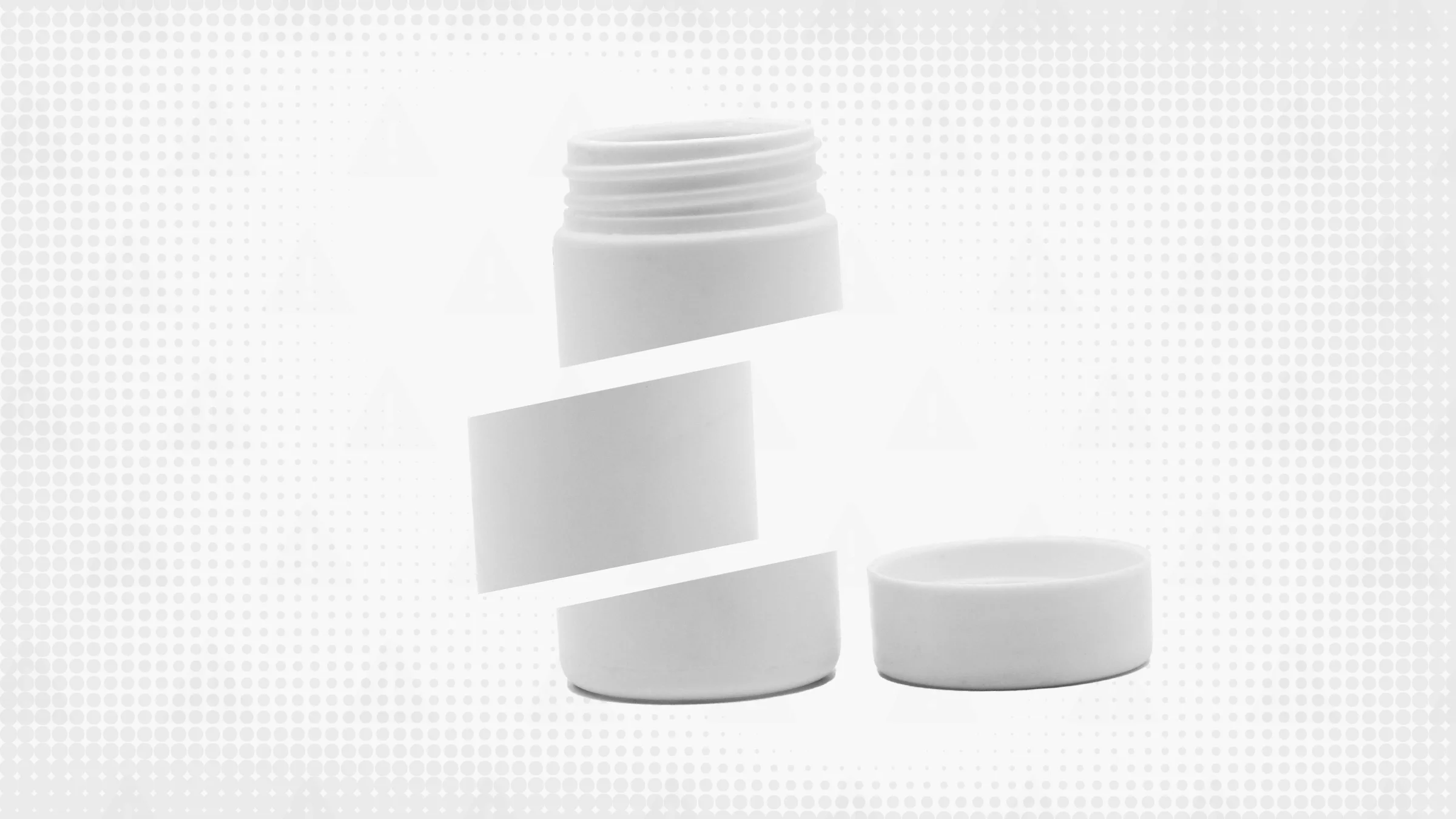 Gray background with halftone texture and warning sign pattern. In the center is a white pill bottle with the cap off to the side cut into thirds.